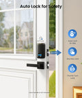 Keyless Fingerprint Door Lock With Keypad Deadbolt In Matte Black mounted on white door with auto lock feature displayed.