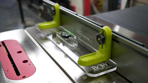 Dead Solid L Fence Extender Kit Xt4 for Table Saws and Bandsaws, featuring clear acrylic sight window and green drop-in brackets.