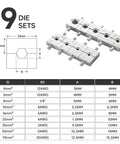 Nine chromed hex dies for Knockout 10 Ton Hydraulic Crimper Kit, compatible with various wire sizes and terminals.