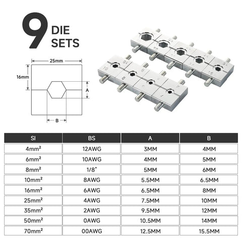 Nine chromed hex dies for Knockout 10 Ton Hydraulic Crimper Kit, compatible with various wire sizes and terminals.