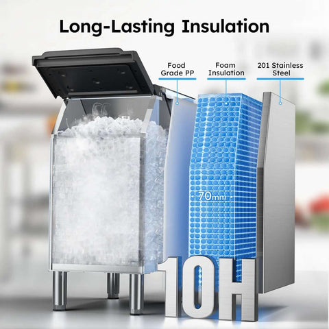 Commercial Ice Machine Delivers 850 Lbs Per Day, 460 Lbs Ice Storage, Heavy Duty Workhorse Ice Maker in stainless steel with ice visible