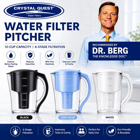 BPA Free Water Filter Pitcher With 12 Cup Capacity 6 Stage Filtration Long Life Filter Included NSF 42 Approved Filters