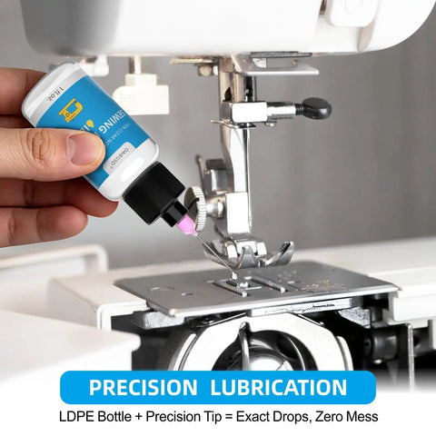 Clear Odorless Sewing Machine Oil and Cleaning Kit with Applicator and Brush, ISO VG 10 Low Viscosity Lubricant on sewing machine needle bar