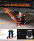 Beefy Five Ton Pneumatic Air Jack with heightened column and adjustable handle lifting a vehicle using thick rubber pads