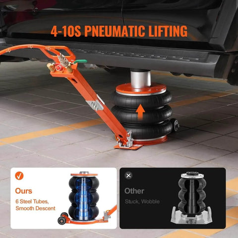 Beefy Five Ton Pneumatic Air Jack with heightened column and adjustable handle lifting a vehicle using thick rubber pads
