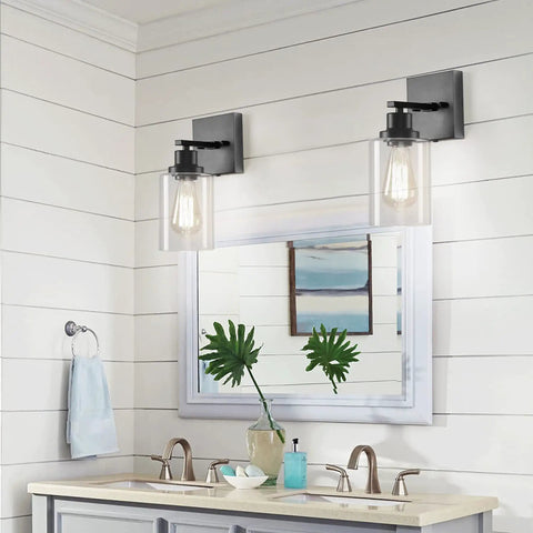 Plug In Rustic Wall Sconces Set Of 2 Modern Vanity Lights With Glass Shades E26 Base Matte Black Finish in a bathroom setting