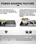 Duxtop Portable Double Induction Cooktop With 1800W Digital Electric Burner Sensor Touch Control And Lcd Display For Countertop Use demonstrating power sharing feature.