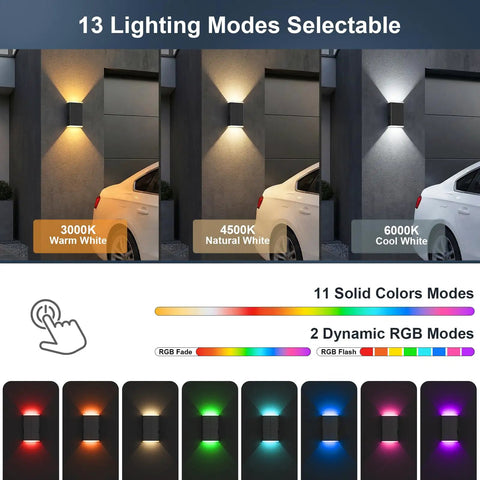 Three Four Pack Solar Wall Lights For Outdoor Use With Dusk To Dawn Sensor showcasing 13 lighting modes in warm, natural, and cool white.