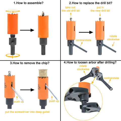 Step-by-step assembly guide for All In One Hole Saw Kit For Wood Metal And Plastic, Built Tough Bi Metal Cutter Set, 10 Piece