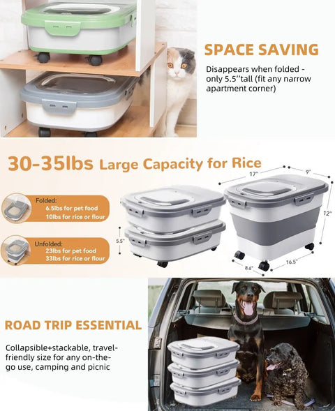 Dog Food Storage Container With Collapsible Body Attachable Casters And Scoop Plus Travel Silicone Bowl Keeps Dry Food Fresh With Airtight Double Seals Easy To Move Holds About 23 Lbs Of Dry Food shown stacked and folded, next to a cat.