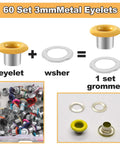 60 Sets Metal Grommets Kit With 3mm Round Eyelets And Washers In 12 Colors, shown with individual eyelet, washer, and assembled grommet.