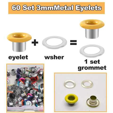 60 Sets Metal Grommets Kit With 3mm Round Eyelets And Washers In 12 Colors, shown with individual eyelet, washer, and assembled grommet.
