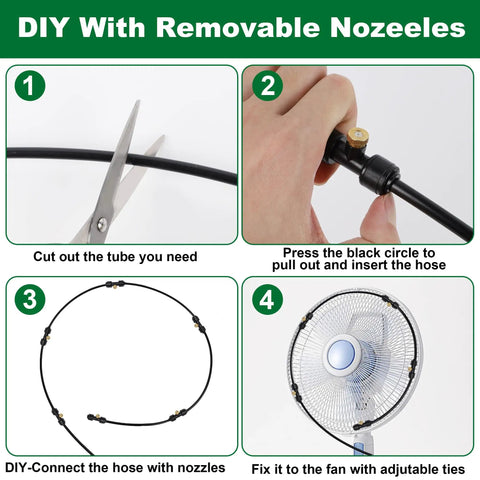 Steps showing DIY setup of Outdoor Misting System for Patio Cooling 75Ft Water Mister Hose Kit with Brass Nozzles on fan