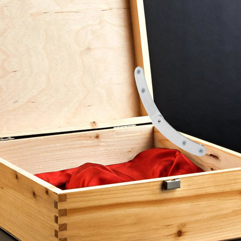10 Pack Silver Tone Drop Down Lid Hinges With Lid Stay Support on wooden box with red lining for chests and cabinets