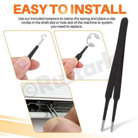 Close-up of tweezers holding a clip from the Stainless Steel E Clip External Retaining Ring Set 211Pcs Assortment in 14 Sizes