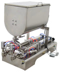 Heavy Duty Double Head Pneumatic Paste Filling Machine With Horizontal Mixing Hopper For Sauces And Creams Precision Piston Dispenser 100 To 1000 Ml, stainless steel design, visible mixing hopper.