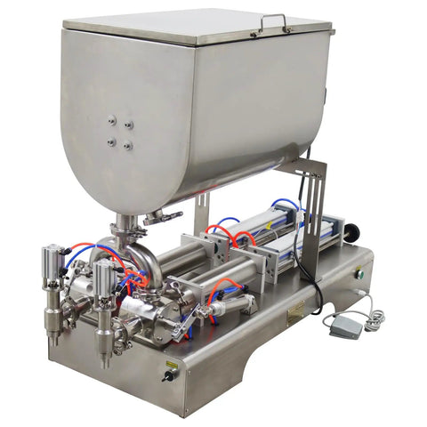 Heavy Duty Double Head Pneumatic Paste Filling Machine With Horizontal Mixing Hopper For Sauces And Creams Precision Piston Dispenser 100 To 1000 Ml, stainless steel design, visible mixing hopper.
