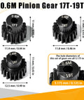 3 Pack Hardened Steel Pinion Gear Set 0.6M For 1/10 RC Cars With 3.175mm Shaft Includes 17T 18T 19T Pinions Upgrade