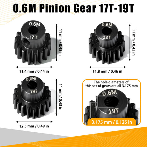 3 Pack Hardened Steel Pinion Gear Set 0.6M For 1/10 RC Cars With 3.175mm Shaft Includes 17T 18T 19T Pinions Upgrade