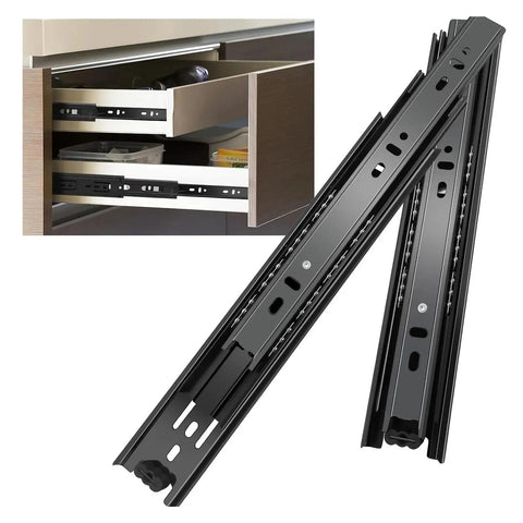 Heavy Duty Ball Bearing Undermount Drawer Slides For Slick Smooth Cabinet Glide, 20mm runners in black finish for concealed drawer installation.