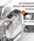 Close-up of Top Shelf Espresso Machine With Auto Milk Frother highlighting automatic frothing system and sleek silver design.