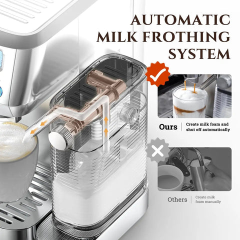 Close-up of Top Shelf Espresso Machine With Auto Milk Frother highlighting automatic frothing system and sleek silver design.
