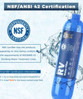NSF Certified RV Water Filter demonstrating NSF/ANSI 42 Certification with clean water splashing around.