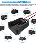 Secure Battery Adapter with Fuse and Switch for 18V Milwaukee Batteries showing compatibility and connector design
