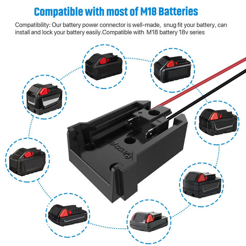 Secure Battery Adapter with Fuse and Switch for 18V Milwaukee Batteries showing compatibility and connector design