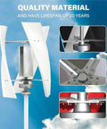 Big Power Vertical Wind Turbine Kit with rugged FRP blades, showing sturdy connection points and material durability emphasis