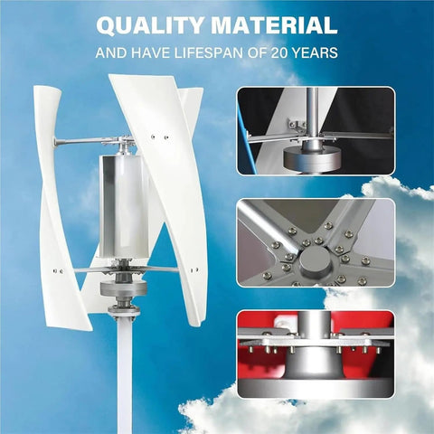 Big Power Vertical Wind Turbine Kit with rugged FRP blades, showing sturdy connection points and material durability emphasis