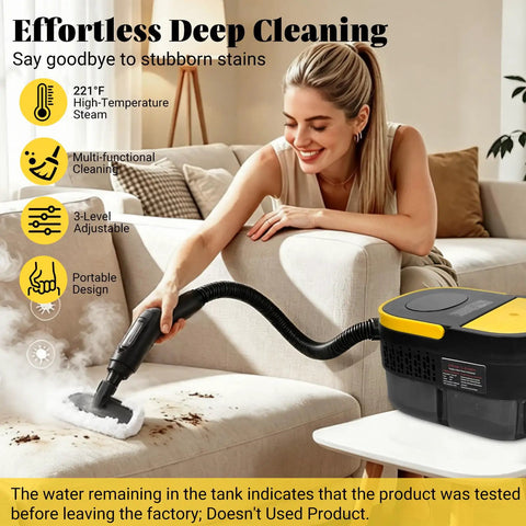 Powerful 2500W Portable Handheld Steam Cleaner With Large Capacity Tank cleaning a couch, highlighting steam and functionality.
