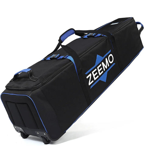Full Open Golf Club Travel Case With Wheels Airline Approved Protective Cover For Cart Bags And Stand Bags Soft Sided Waterproof Oxford Bag Heavy Duty Black, side view with wheels and blue accents.