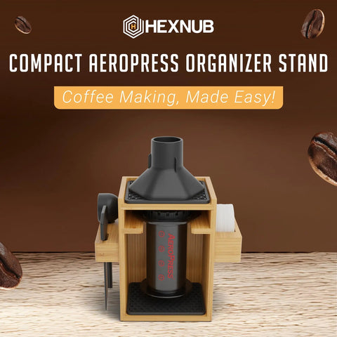 Compact AeroPress Organizer Stand Bamboo Coffee Caddy Station with filter holder and silicone drip mats on a wooden countertop