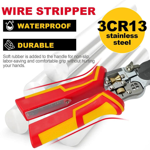 All In One Wire Stripper And Voltage Tester Pliers for AC DC Live Wire Testing with red and yellow easy grip handle