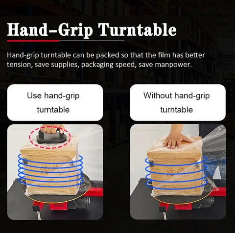Hand-grip turntable comparison for Hardcore Heavy Duty Electric Stretch Wrapping Table With Automatic Film Dispenser.