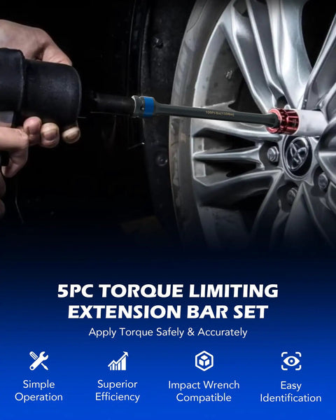 Using Torque Limiting Extension Bar and Deep Impact Socket Set for 1/2 Inch Drive on automotive wheel