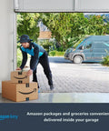 Amazon delivery driver placing packages in garage with Smart Garage Control Hub With WiFi And Bluetooth Smartphone Controlled Garage Opener Remotely Open Or Close From Anywhere With MyQ App Works With Amazon Key In Garage Delivery Keeps Your Home Safe system.