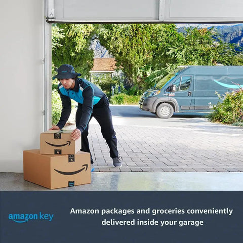 Amazon delivery driver placing packages in garage with Smart Garage Control Hub With WiFi And Bluetooth Smartphone Controlled Garage Opener Remotely Open Or Close From Anywhere With MyQ App Works With Amazon Key In Garage Delivery Keeps Your Home Safe system.