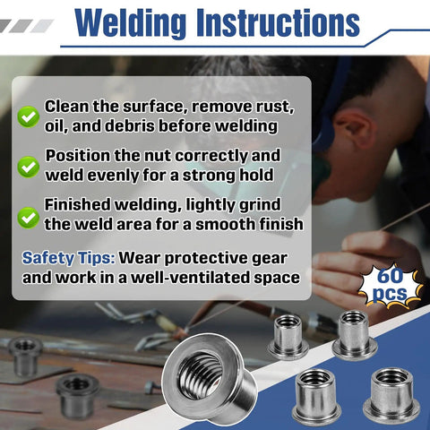 Welding instructions for 60 Piece T Shaped Weld On Nut Assortment With Four Popular Sizes Shop Grade Automotive Hardware.