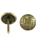 Top Shelf Vintage Upholstery Tacks 100 Pack 7/16 Inch Antique Brass Furniture Studs For Reupholstering And Diy Crafts Built Like A Tank Steel Pins that grip sofas and chairs flawlessly, showing patterned head and steel pin.