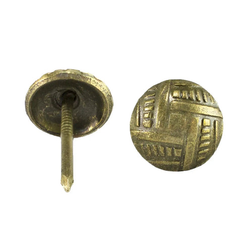 Top Shelf Vintage Upholstery Tacks 100 Pack 7/16 Inch Antique Brass Furniture Studs For Reupholstering And Diy Crafts Built Like A Tank Steel Pins that grip sofas and chairs flawlessly, showing patterned head and steel pin.