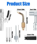 Grease Gun Accessory Kit with Two Needle Nozzles, Two Dispensers Straight and Curved, One Coupler Adapter, One Coupler, and One Zerk Fitting Cleaner size details.