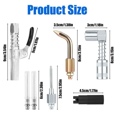 Grease Gun Accessory Kit with Two Needle Nozzles, Two Dispensers Straight and Curved, One Coupler Adapter, One Coupler, and One Zerk Fitting Cleaner size details.