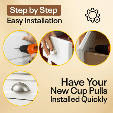 Step-by-step installation of Cup Drawer Pulls 3 Inch Silver Cabinet Hardware 10 Pack, showing drilling and mounting on a drawer.
