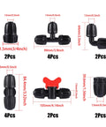 16-piece 1/2-inch irrigation fittings kit; black plastic barbed connectors, elbows, tees, couplings, adapters, valves.