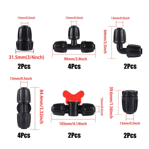 16-piece 1/2-inch irrigation fittings kit; black plastic barbed connectors, elbows, tees, couplings, adapters, valves.