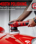 Person using 9mm Dual Action Car Polisher Long Throw DA Buffer For Detailers 1000W Power on red vehicle surface.