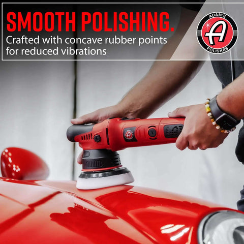 Person using 9mm Dual Action Car Polisher Long Throw DA Buffer For Detailers 1000W Power on red vehicle surface.