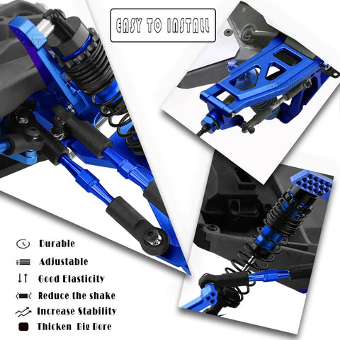 Total Game Changer Chassis Upgrade For 1/10 Slash Rustler Stampede 4x4 RC Rigs with blue aluminum arms and adjustable links.